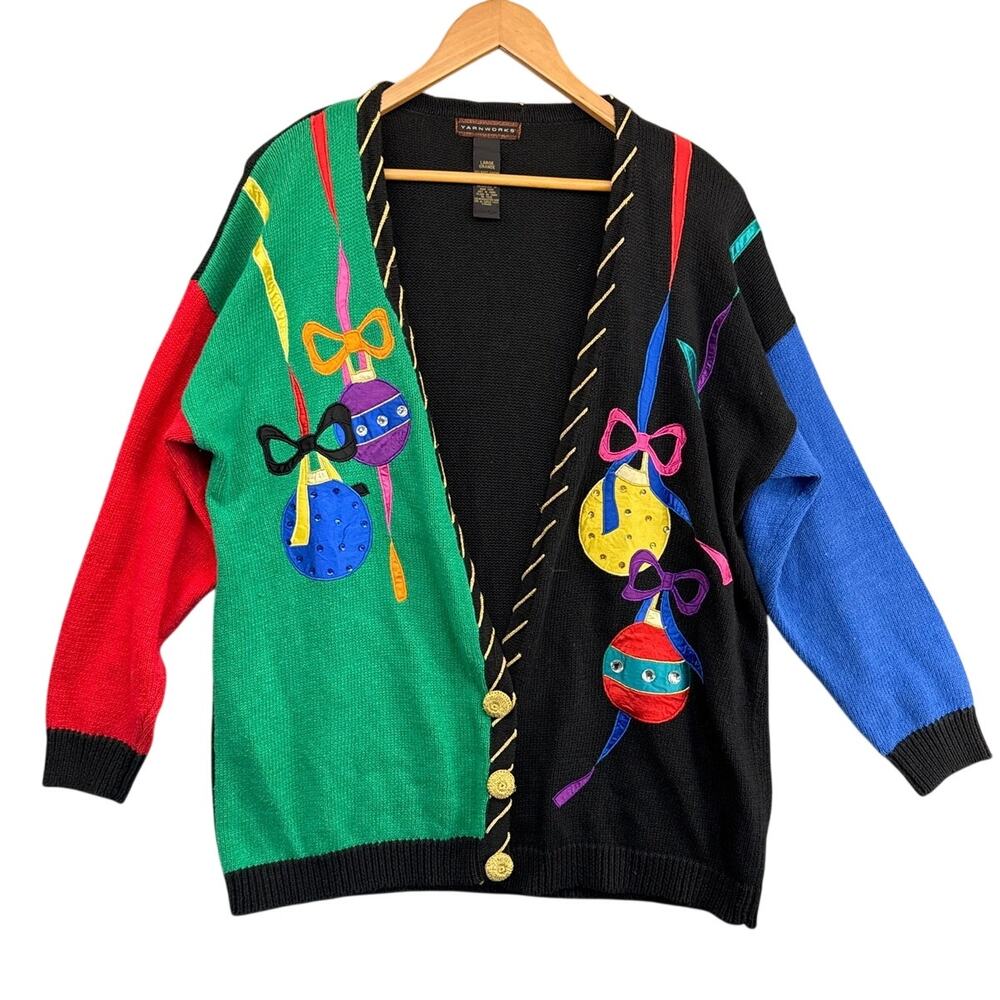Yarnworks Vintage Colorblock Holiday Christmas Ornament Cardigan Sweater Women L